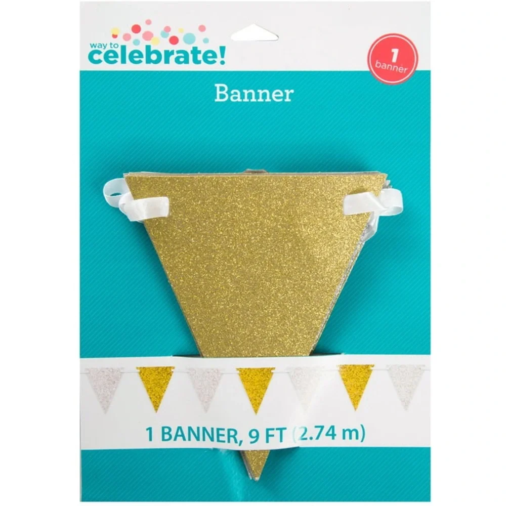 Silver & Gold Glitter Pennant Banner 9 Ft Party Decoration